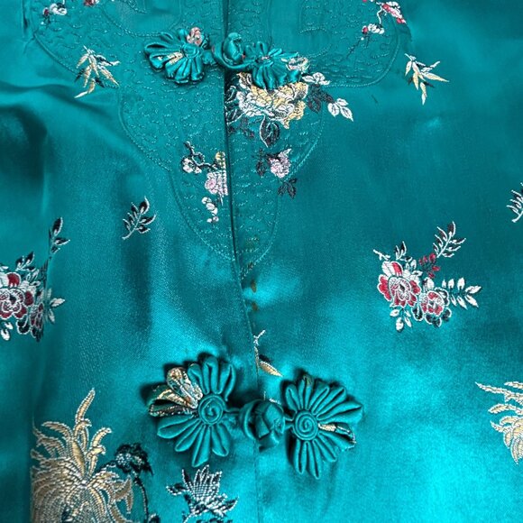 Vintage Chinese Silk Robe Teal Floral Embroidered Mandarin Collar Frog Button 38 - Picture 8 of 10